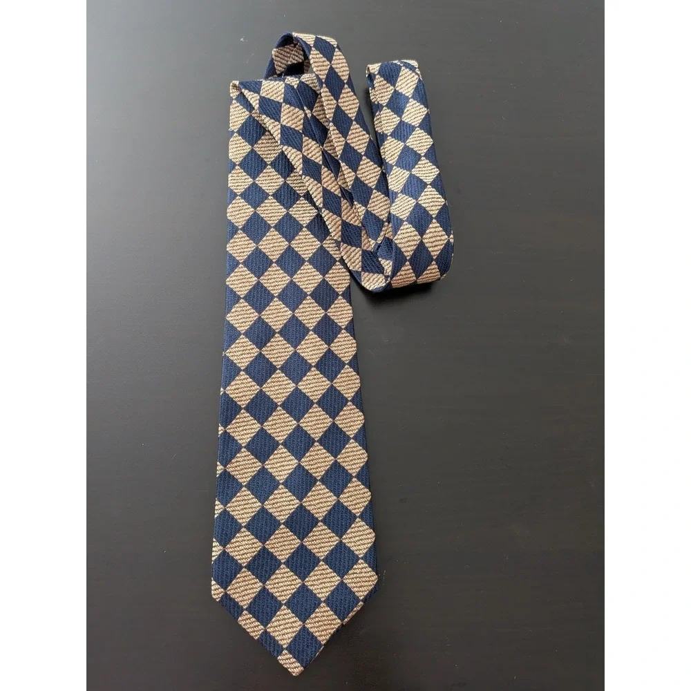 Paul Frederick Tie Italian Silk USA Made Blue Beige Diamonds Jacquard 58